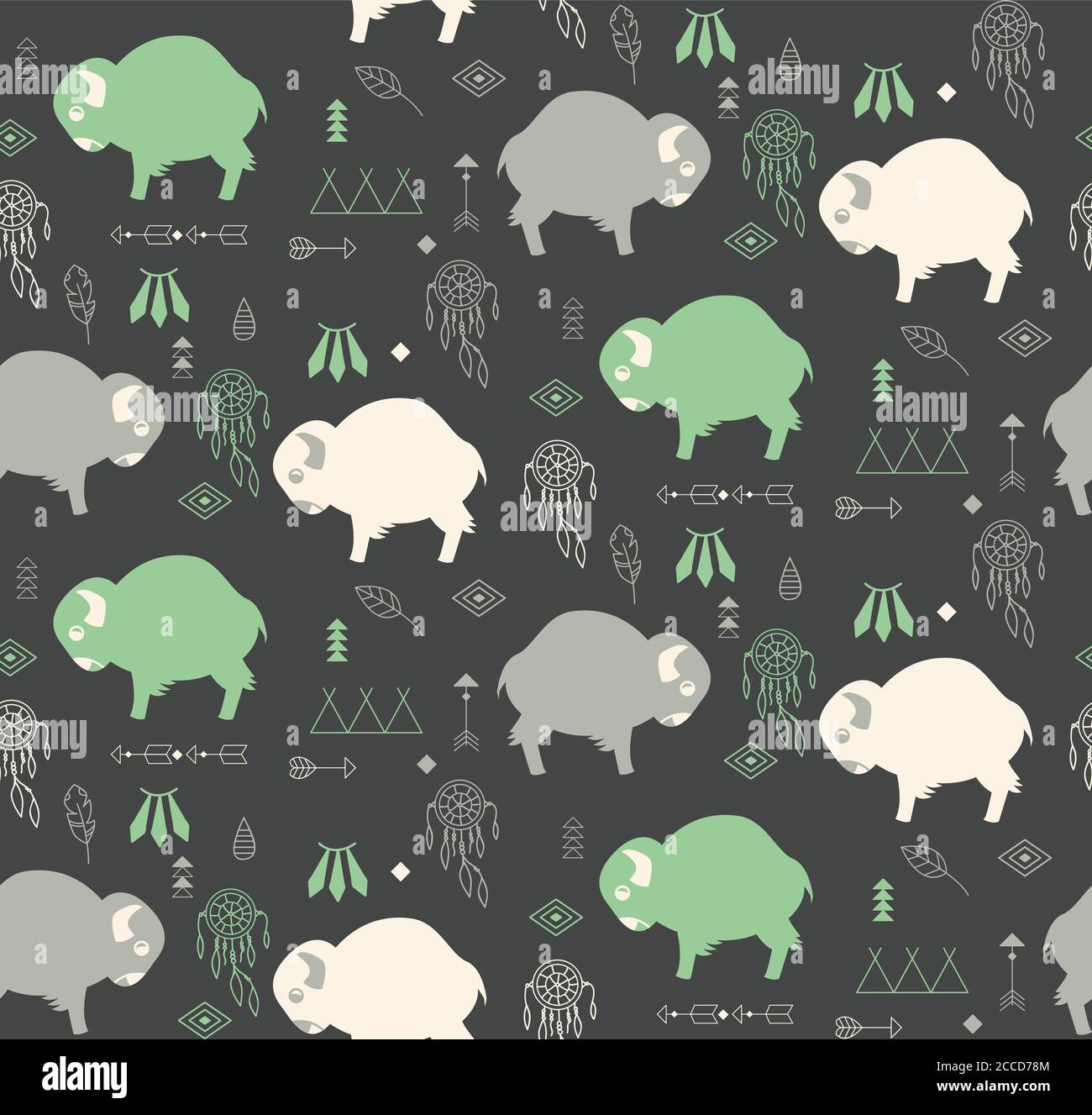 Seamless pattern with cute baby buffaloes and native American symbols ...