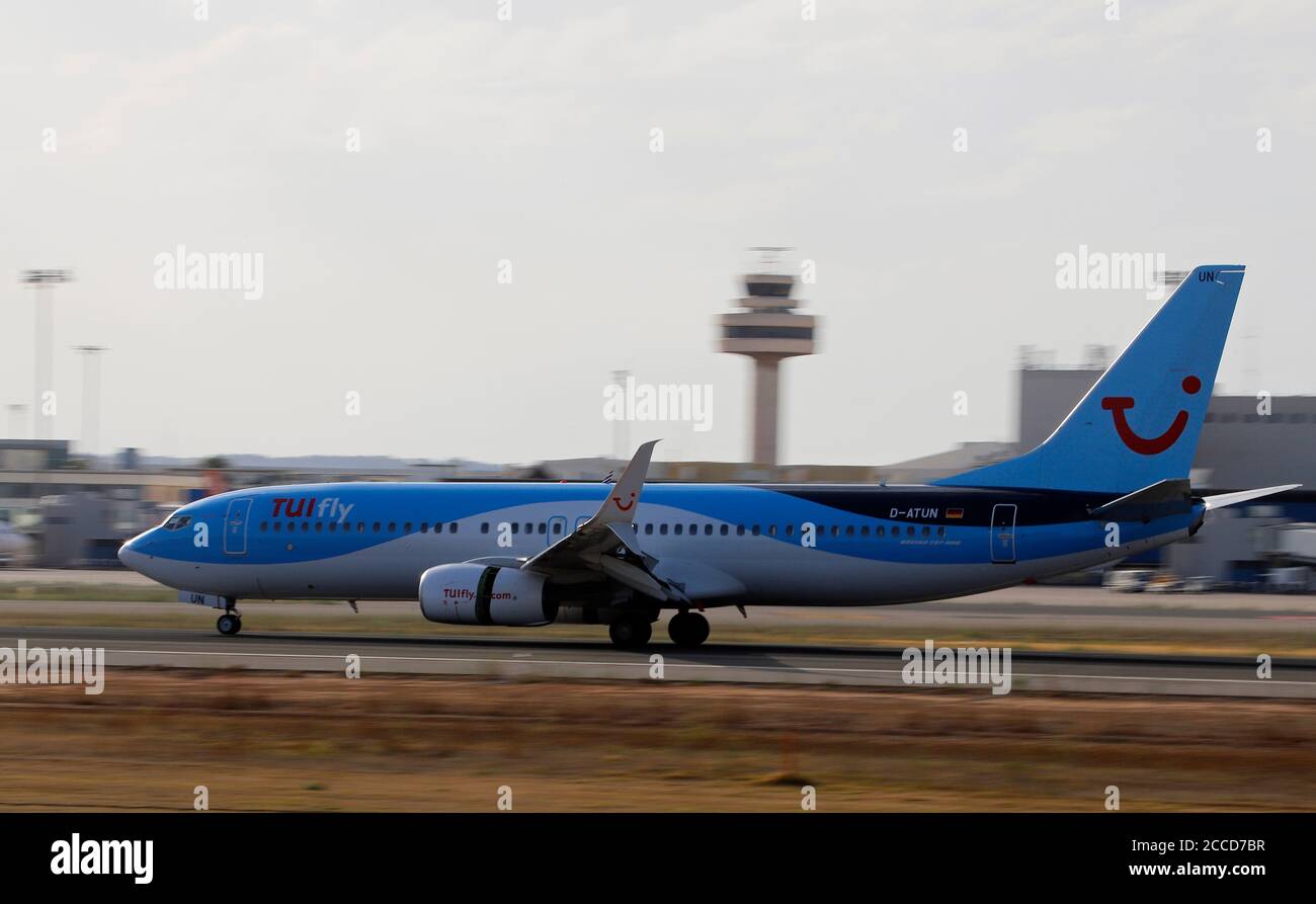 20 August 2020, Spain, Palma: A TUI fly plane at the airport of Palma de  Mallorca. According to Turespana (organisation dependent on the Spanish  Ministry of Industry) the number of tourists in