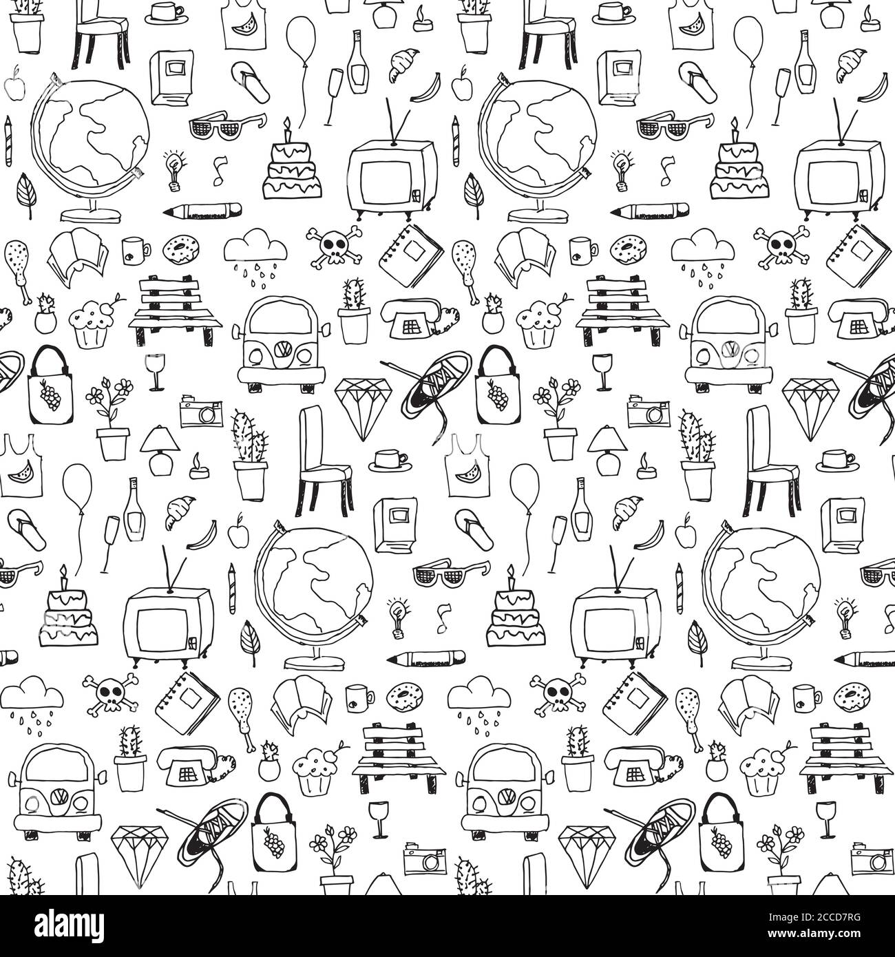 Everyday things, handdrawn, black and white, seamless pattern, vector illustration Stock Vector