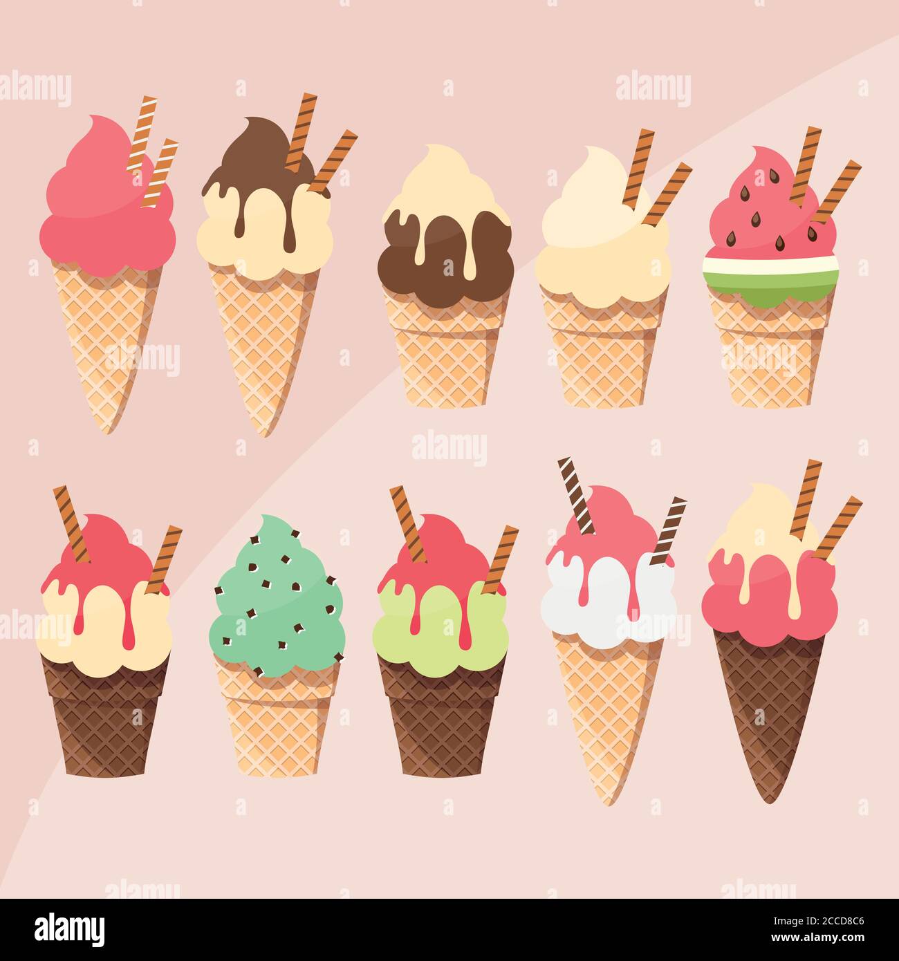Collection of delicious tasty ice cream scoops and cones, summer treat