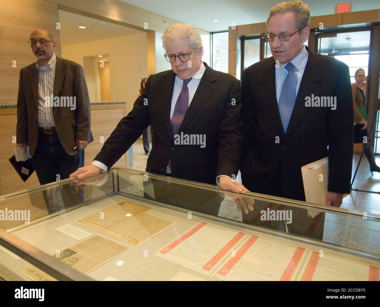 Austin, Texas USA, March 23, 2007: Watergate journalists Carl Bernstein (l) and Bob Woodward (r) look over part of their notes at the University of Texas where the papers of Mark Felt (aka Deep Throat) were made available to researchers Friday. The pair donated their archives to the Harry Ransom Center in 2006. ©Bob Daemmrich Stock Photo