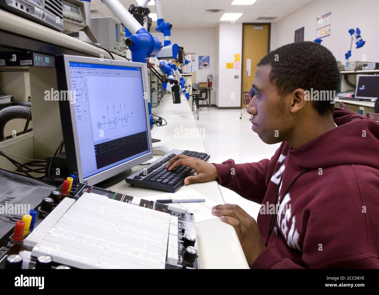 Houston, Texas USA, March 5, 2007: Black male student in a circuit design class at the George Washington Carver Magnet High School for science and technology in the Aldine school district of Houston. ©Bob Daemmrich Stock Photo