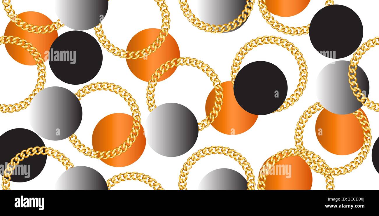 Luxury seamless pattern with golden chains and colored circles on white ...