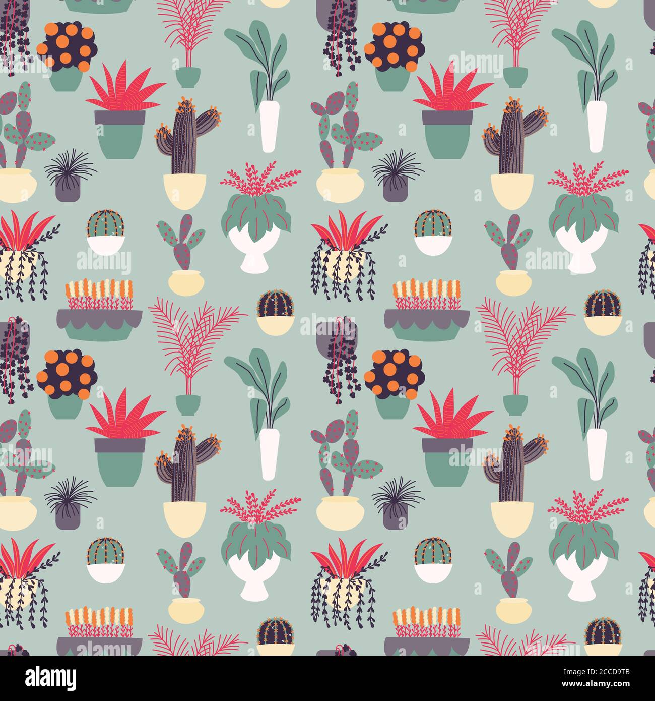 Seamless pattern with collection of hand drawn indoor house plants ...