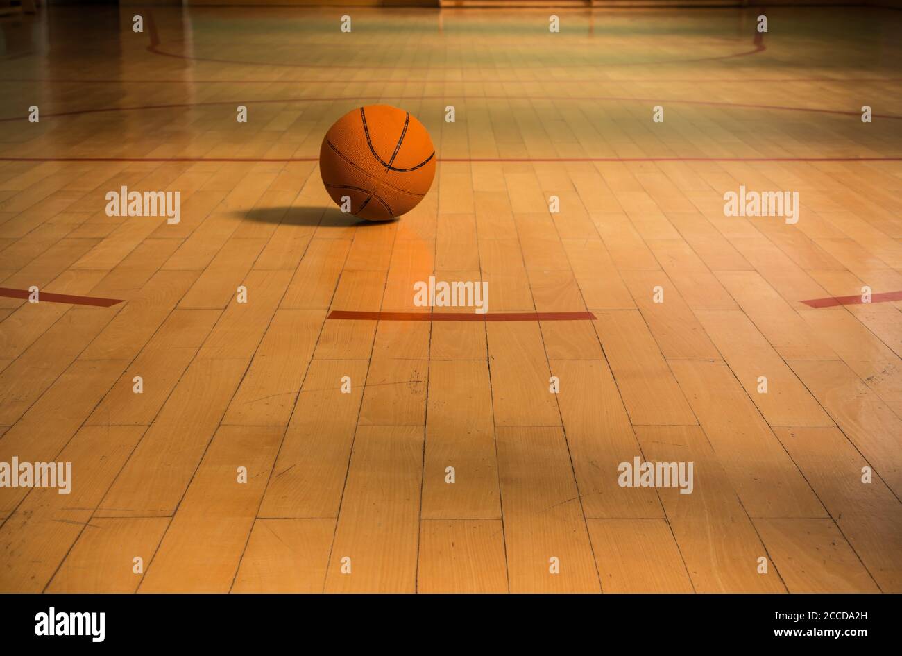 Basketball court with ball, hardwood floor Stock Photo Alamy