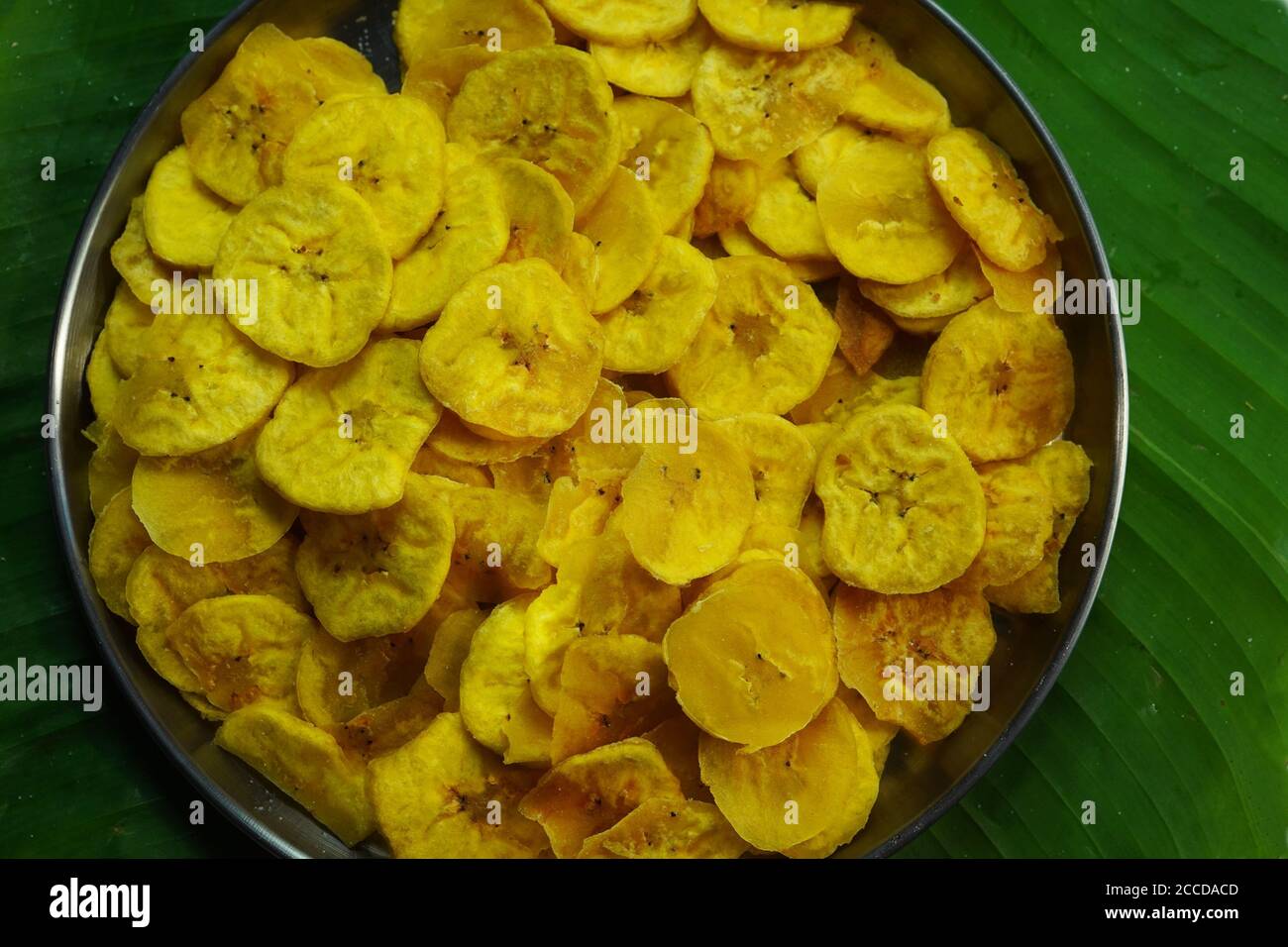 Homemade Plantain / Kerala Banana chips with copy space Stock Photo
