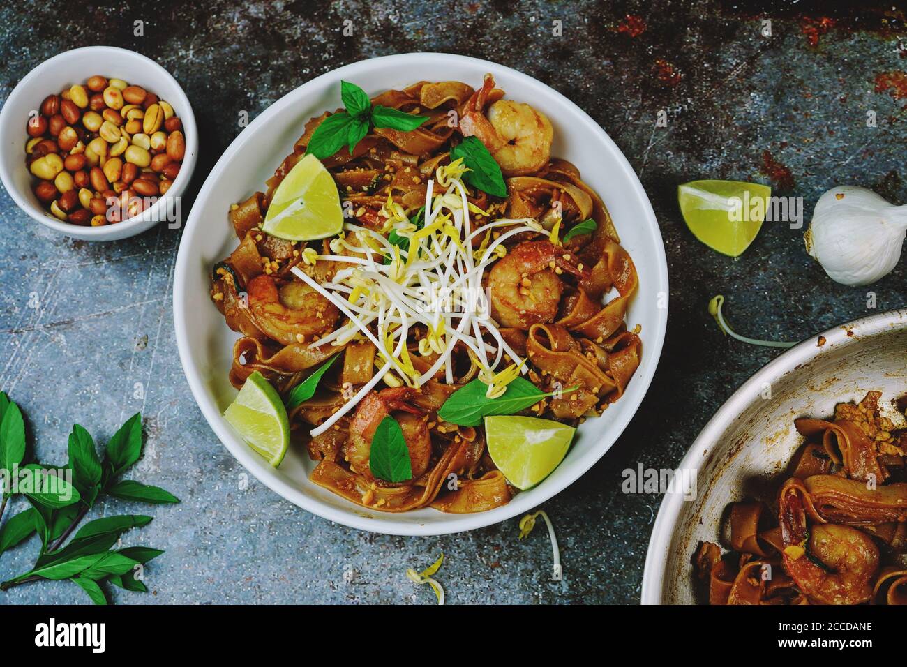 Homemade Shrimp Pad Thai with flat rice noodles Stock Photo Alamy