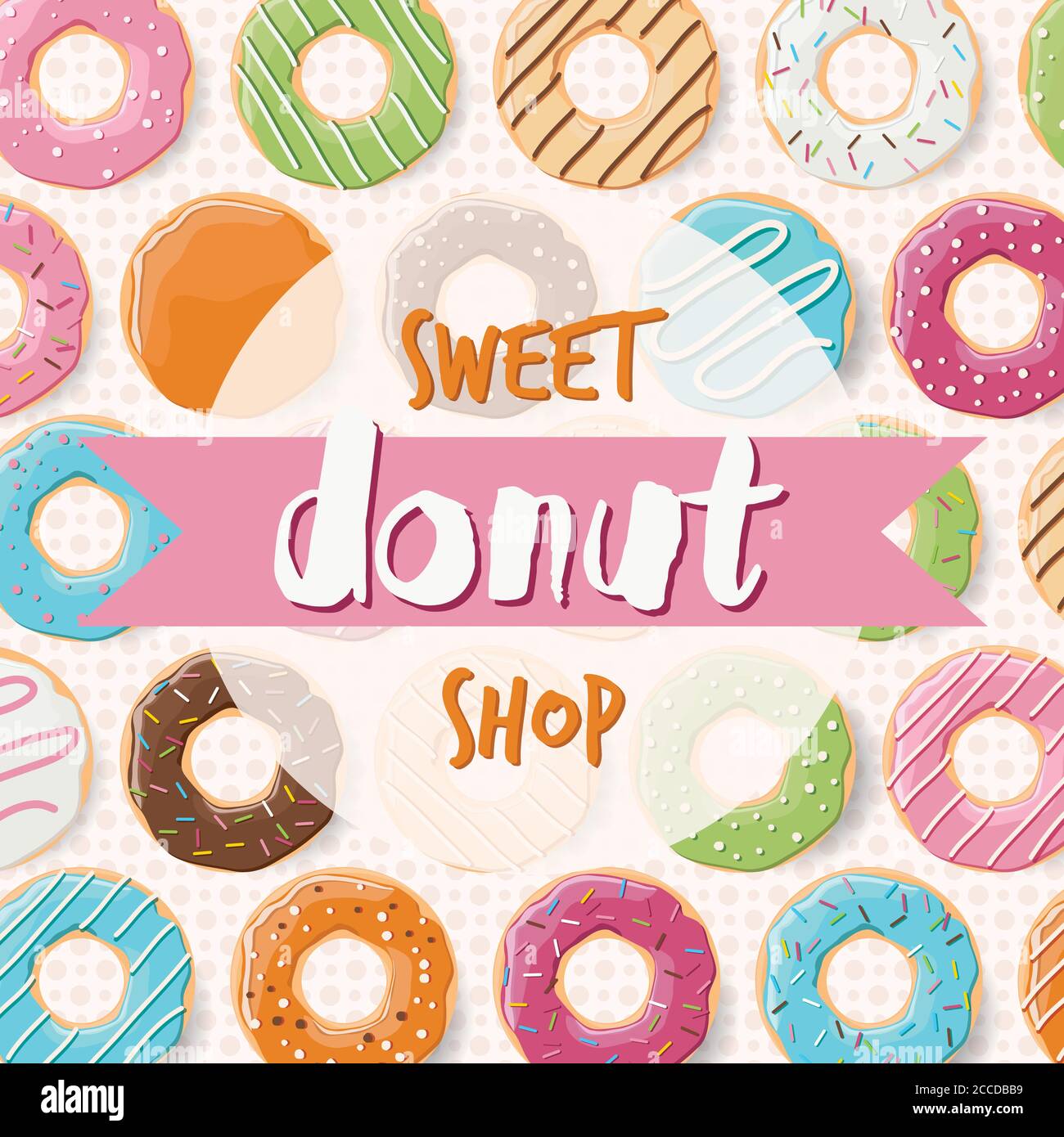 Poster design with colorful glossy tasty donuts for a donut shop, vector illustration Stock