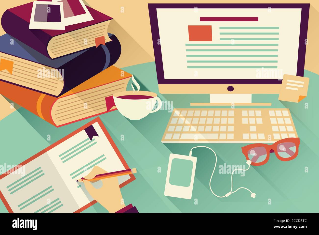 Flat design objects, work desk, office desk, books, computer and ...