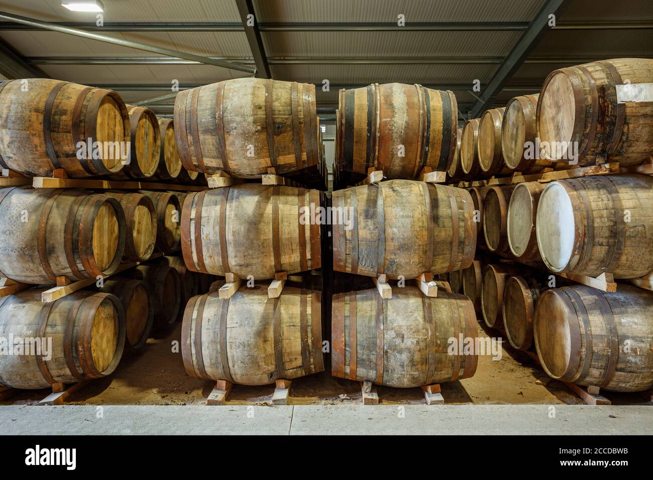 Rows of stacks of traditional full whisky barrels, set down to mature, in a large warehouse facility Stock Photo