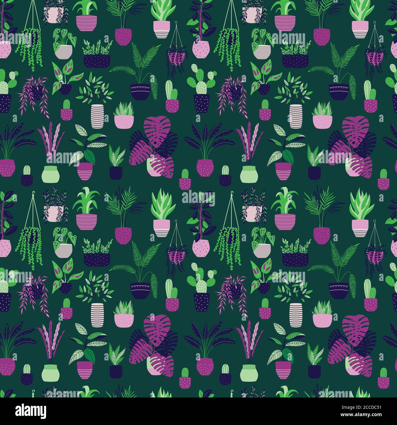 Seamless pattern with collection of hand drawn indoor house plants on ...