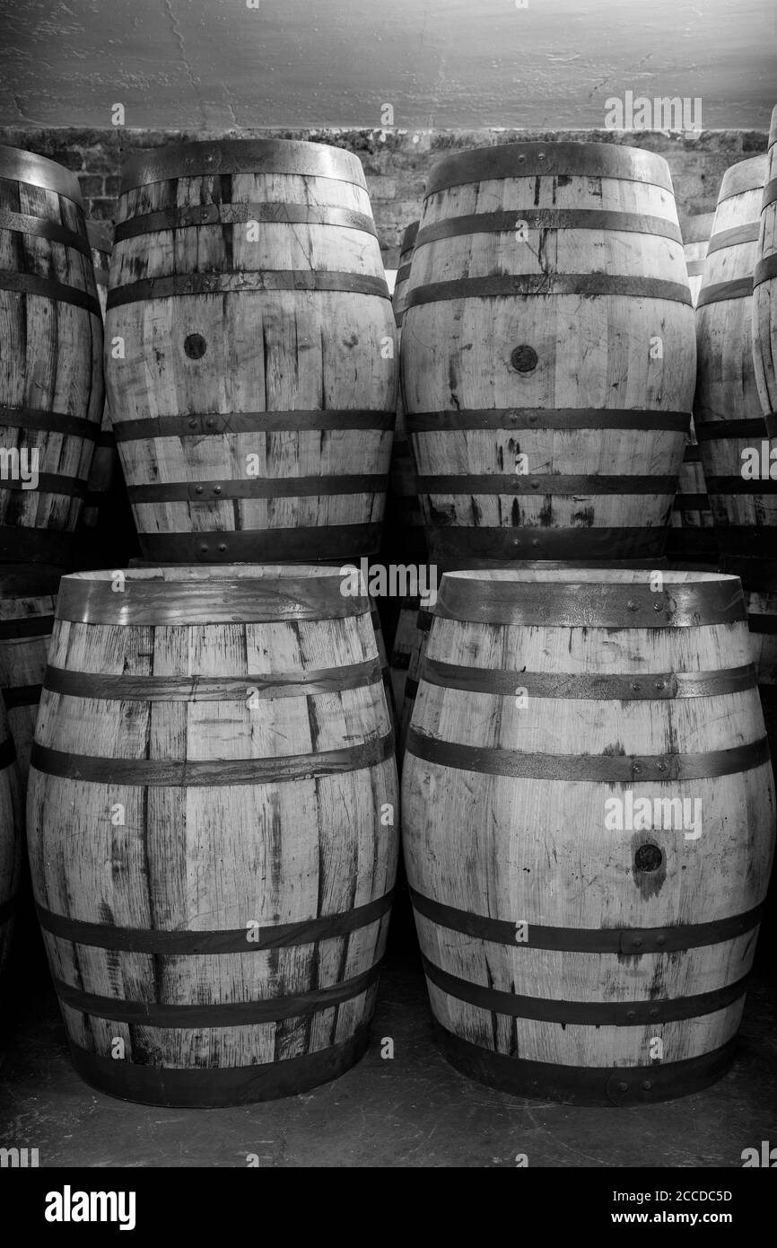 Old whisky barrels, stacked in a warehouse ready to fill with raw spirit and leave to mature over time, black and white. Stock Photo