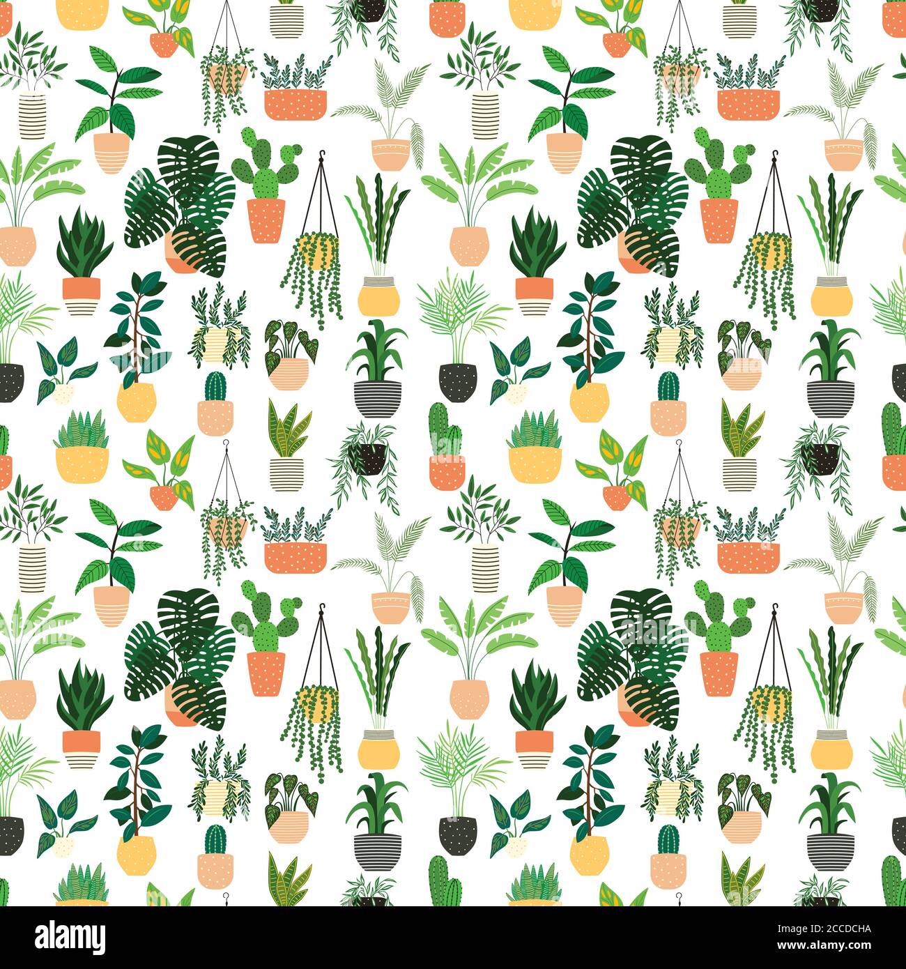 Seamless pattern with collection of hand drawn indoor house plants on ...