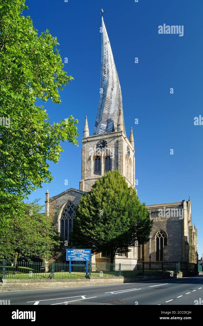 UK,Derbyshire,Chesterfield,Church of St Mary and All Saints famously referred to as The Crooked Spire Stock Photo