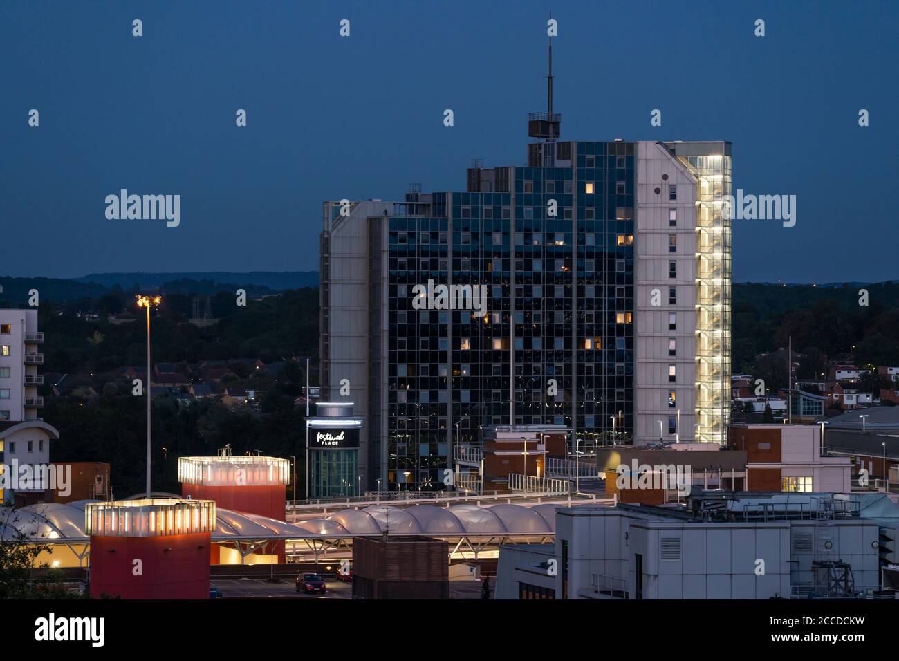 Churchill Place at night a high rise apartment building that has been