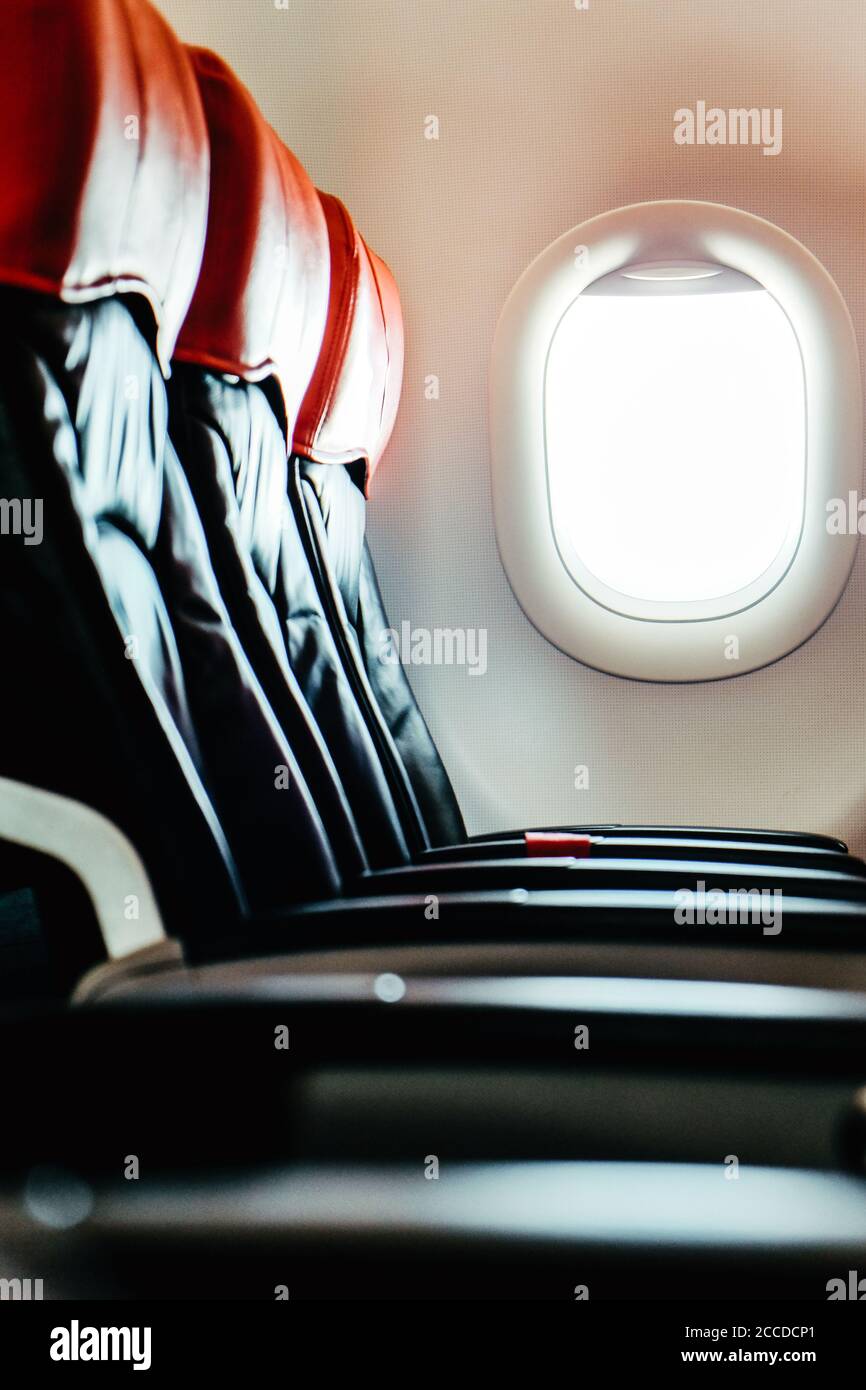 Image of Empty airplane seats and window. airplane interior Background
