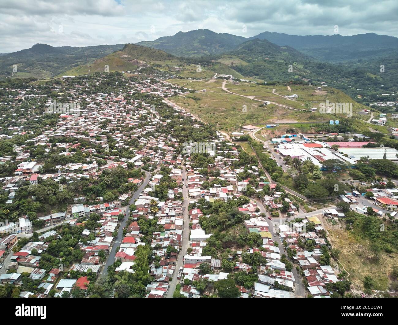Matagalpa townscape from drone on bright sunny day Stock Photo