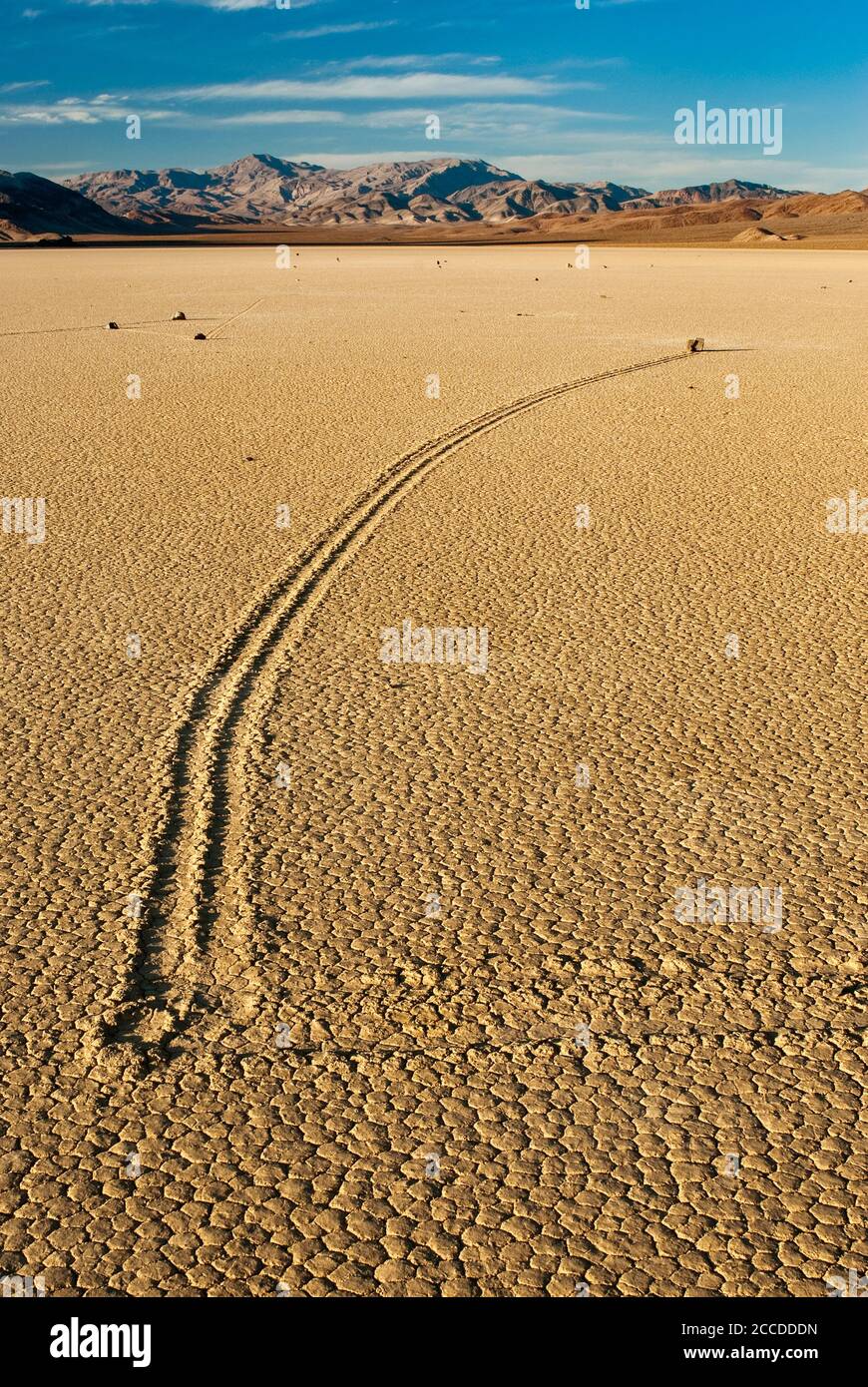 Moving rocks at The Racetrack dry lake, Mojave Desert in Death Valley