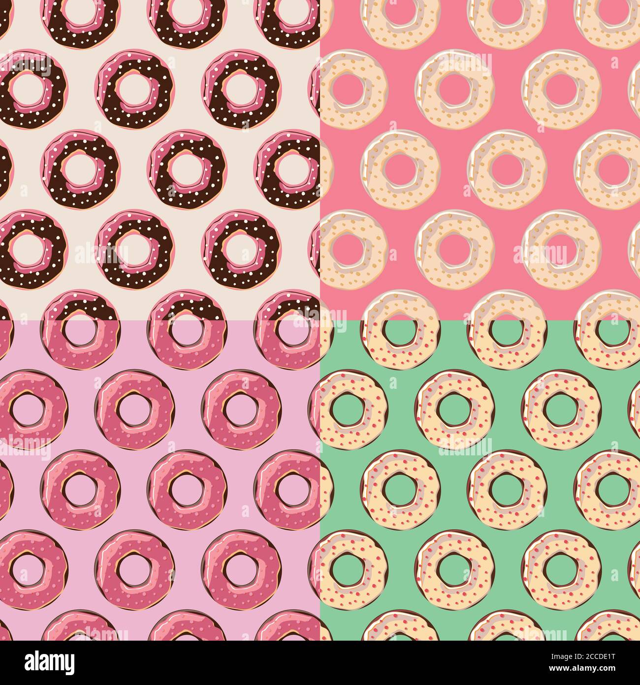 Four seamless patterns with colorful tasty glossy donuts, vector ...