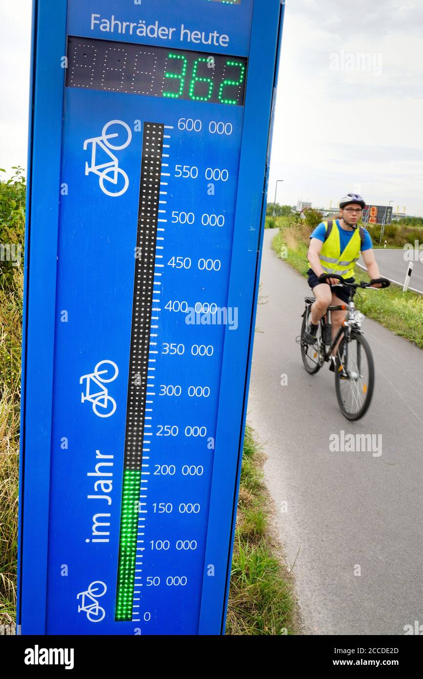 Dortmund, Germany, 08/21/2020: Bicycle counting station on a cycle path in  Dortmund. Every passing cyclist is automatically counted. The pillar shows  the daily and annual number of cyclists on this cycle path. ---