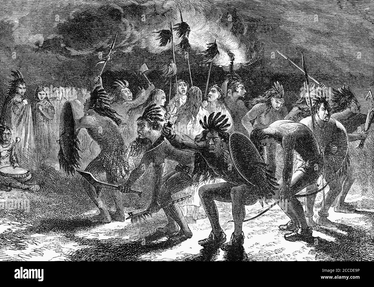 An engraved image of a native USA native American red indian dance
