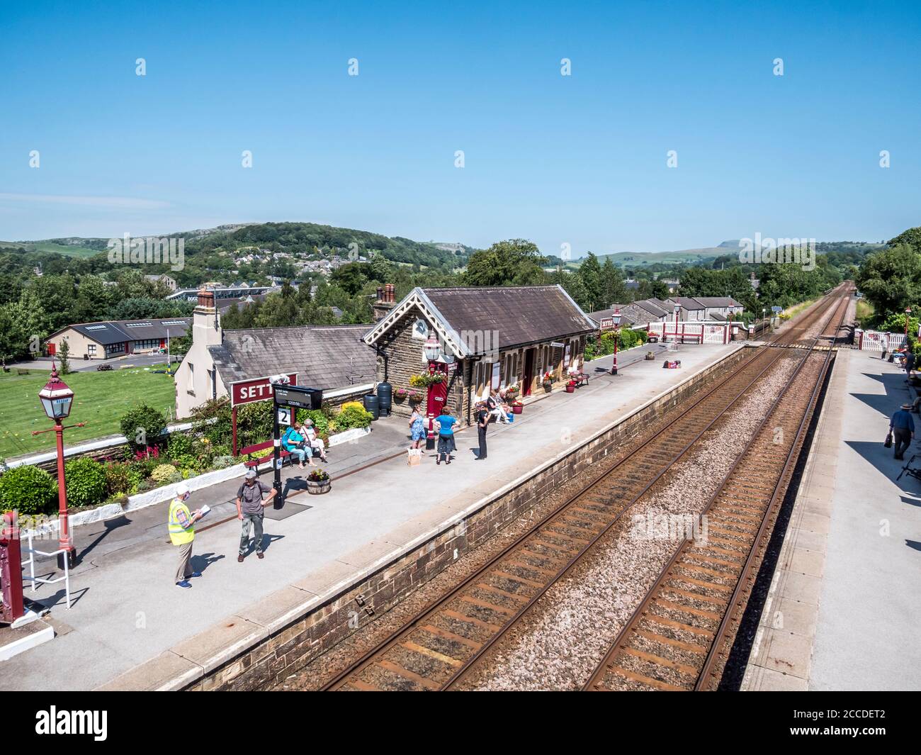 This is Settle railway station in the picturesque Yorkshire Dales one of the main railway stations on the famous Settle to Carlisle line Stock Photo