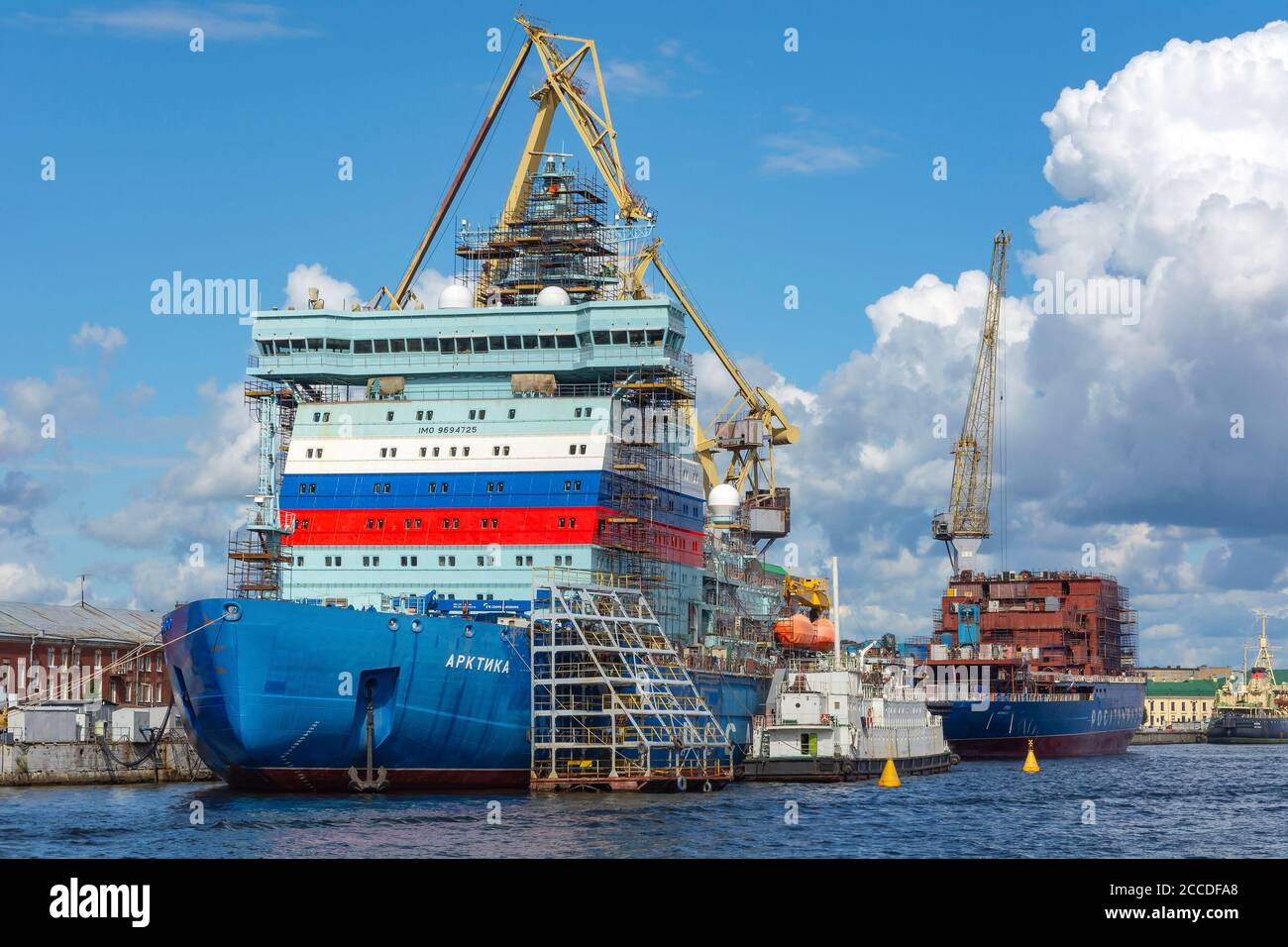 Saint Petersburg, under construction nuclear icebreaker 'Arctic' at the completion wall of the Baltic plant Stock Photo