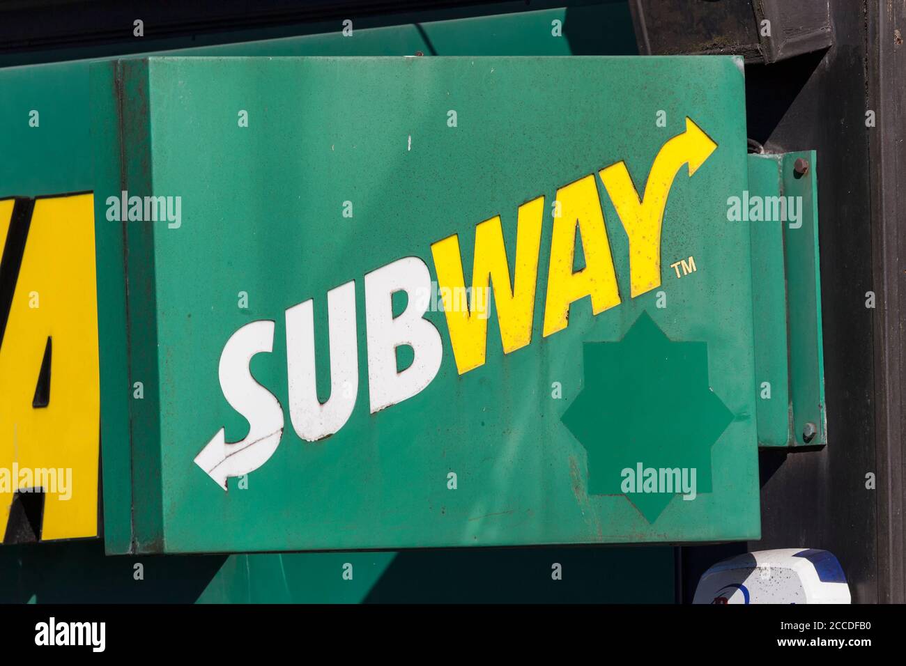 Swansea, Wales, UK, June 30, 2018 : Subway restaurant logo advertising sign outside its fast food sandwich business store outlet in St Helen's Road Stock Photo