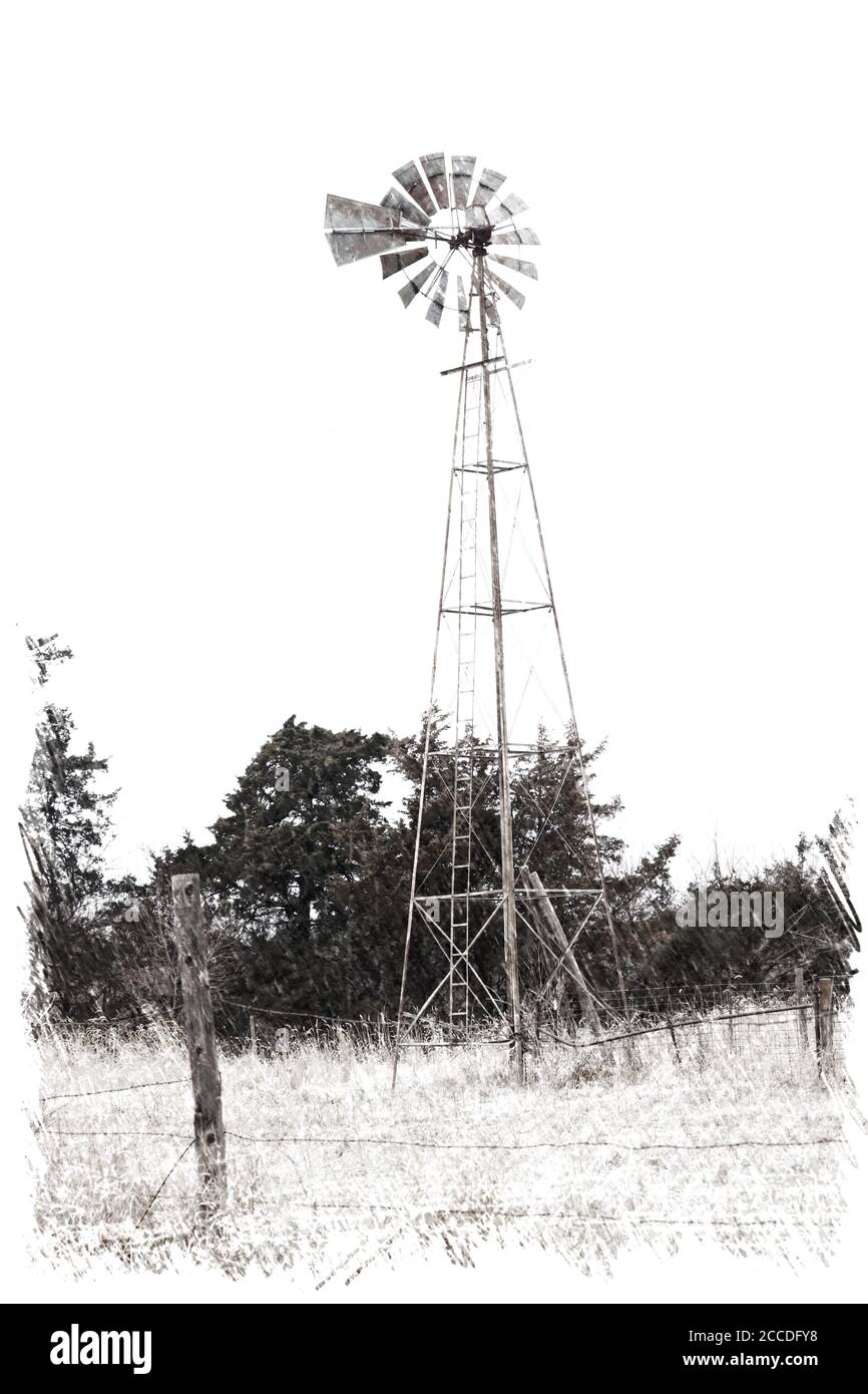 Black and White Windmill in field Stock Photo