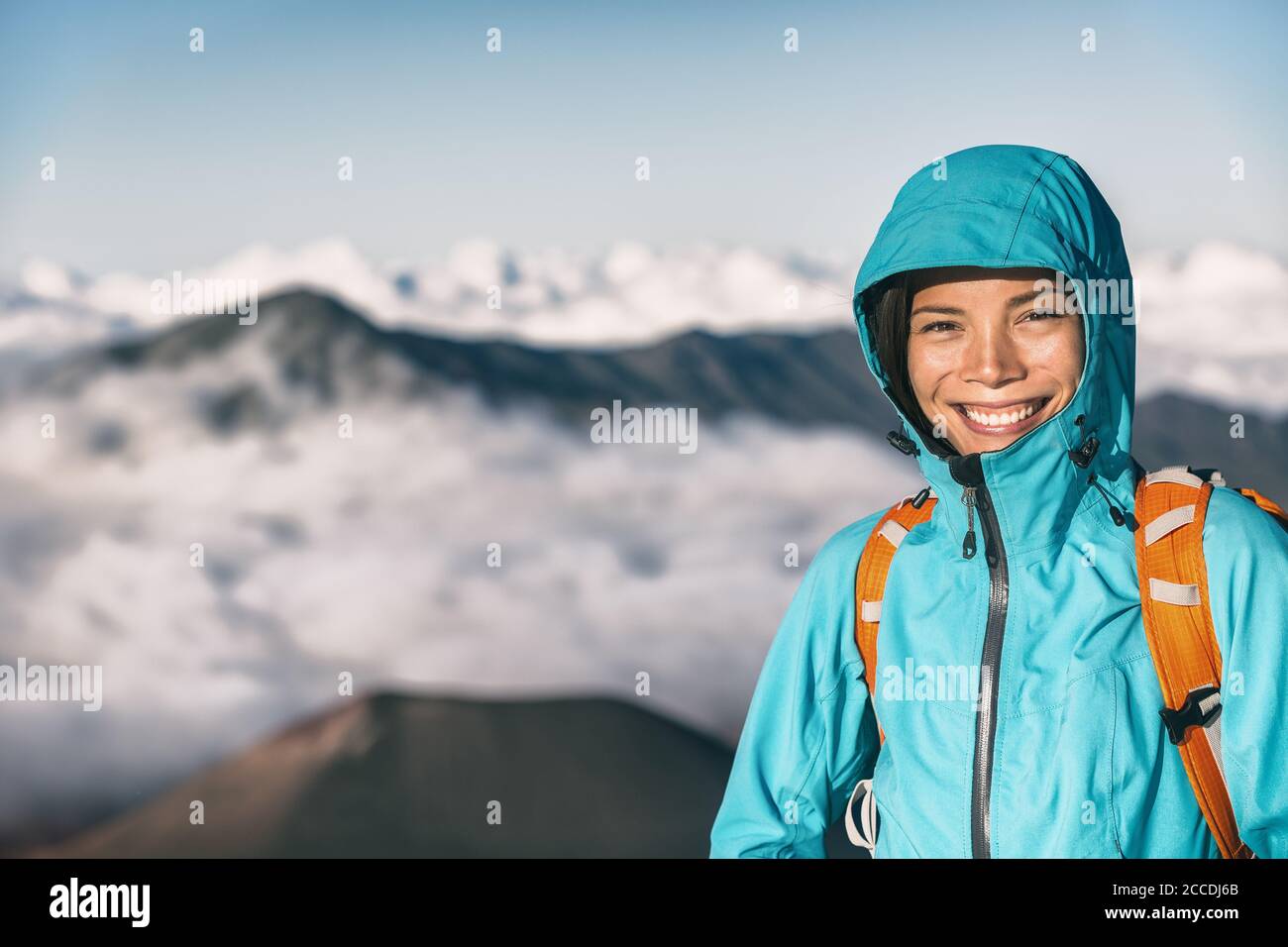 HIke in mountains hiker girl smiling portrait. Asian woman healthy ...