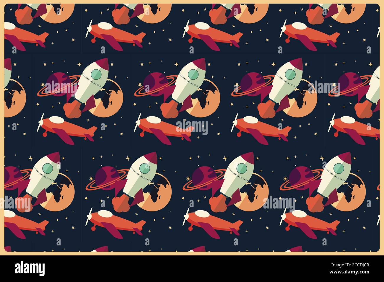 Rocket, planet and airplane in space, seamless pattern, vector illustration Stock Vector