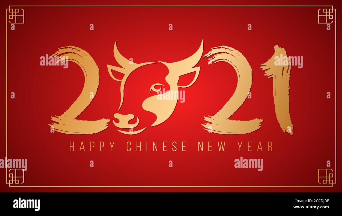 Happy Chinese New Year 2021. Golden bull zodiac sign with number in grunge style on a red background. Vector illustration. EPS 10. Stock Vector