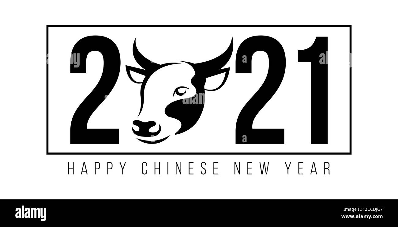 Bull zodiac sign with number in frame isolated on white background. Happy Chinese new year 2021. Vector illustration. EPS 10. Stock Vector