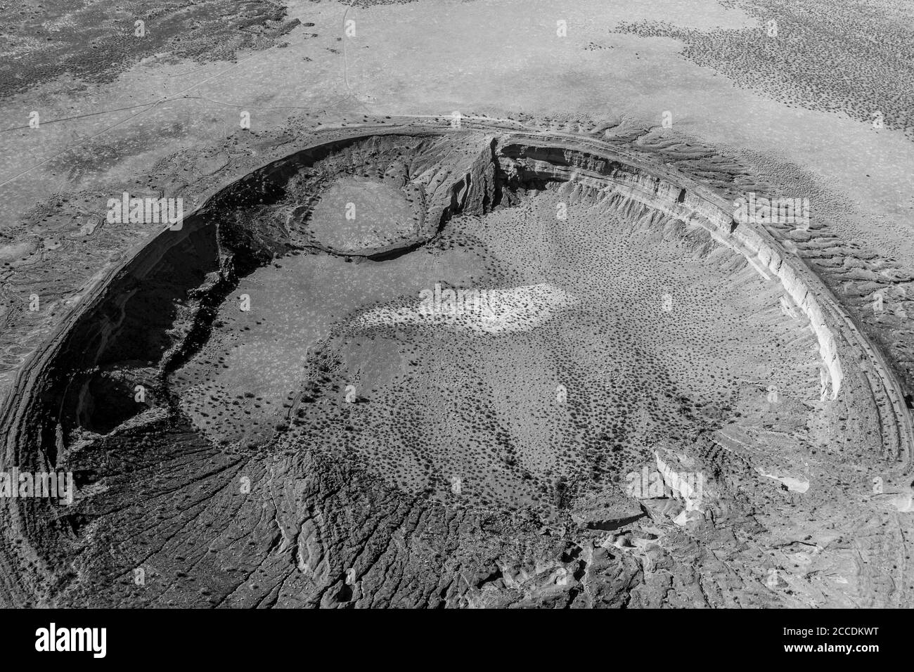 Aerial view of the maar-type volcanic crater, cater Cerro Colorado in the mountains of the El Pinacate Biosphere Reserve and the great Altar desert in Stock Photo