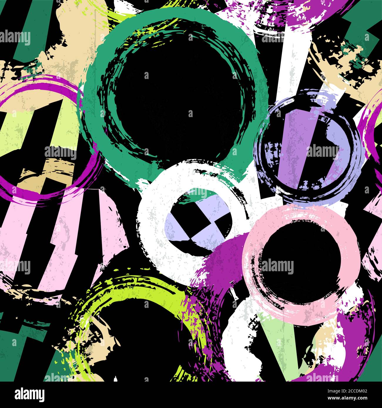 seamless background pattern, with circles, strokes and splashes, on black and white Stock Vector