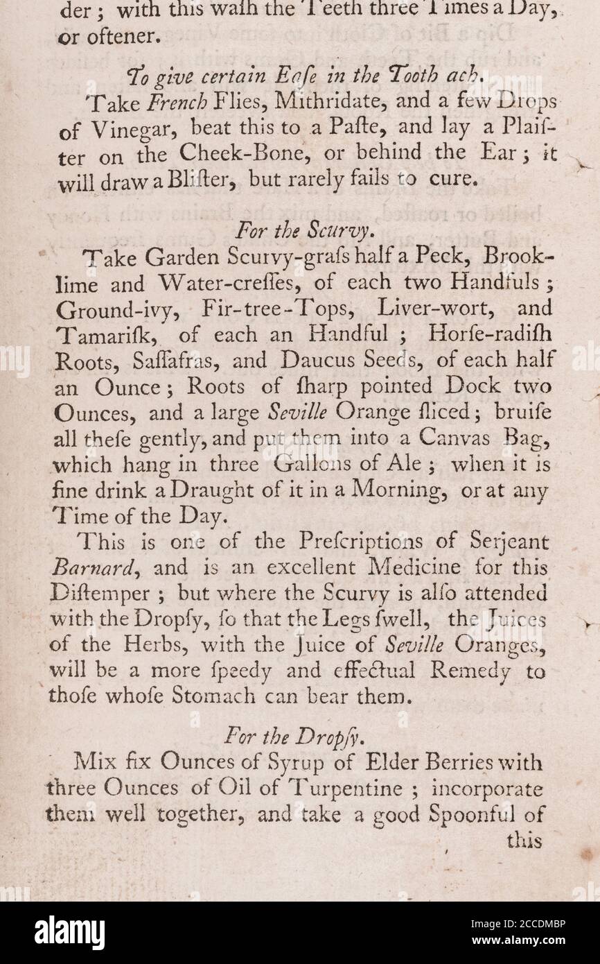 Covid Lockdown has seen re-emergence of Scurvy cases through vitamin deficient diet. 18th century recipe for scurvy remedy. See Add. Notes for more Stock Photo