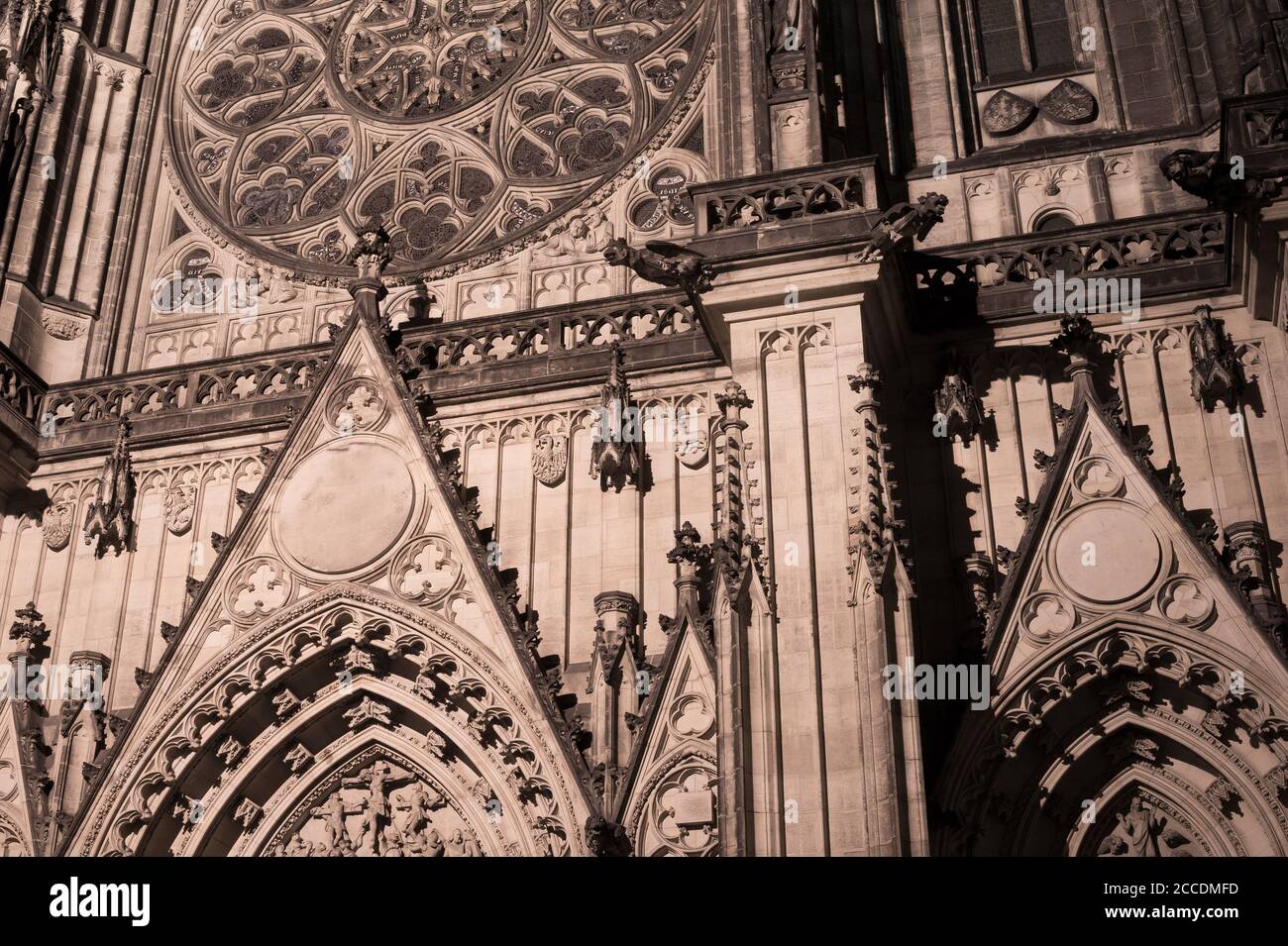 Saint Vitus Cathedral, Prague, Czech Republic / Czechia - detail of gothic landmark and monument. Pointed arch and decorated facade Stock Photo
