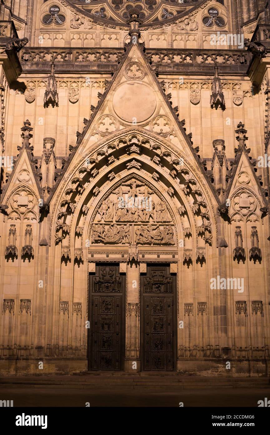 Saint Vitus Cathedral, Prague, Czech Republic / Czechia - detail of gothic landmark and monument. Pointed arch and decorated door and gate. Frontal vi Stock Photo