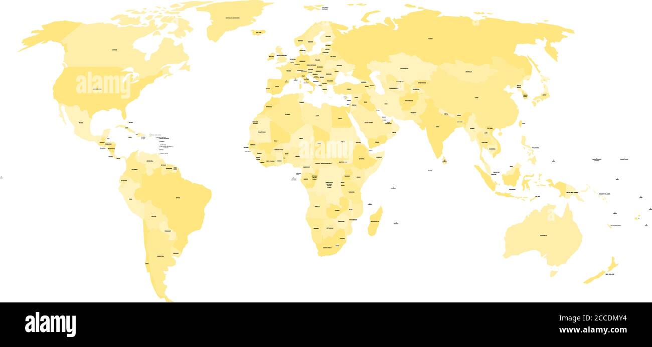 world map with names of sovereign countries and larger dependent territories simplified vector map in four shades of yellow on white background stock vector image art alamy