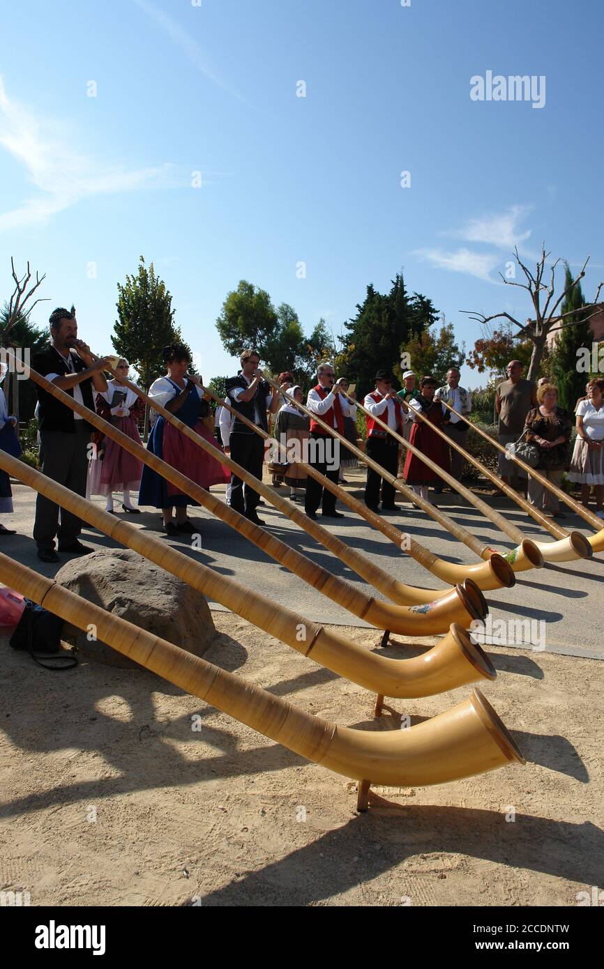 Swiss folk group playing the alphorn during the olive tree festival in ...