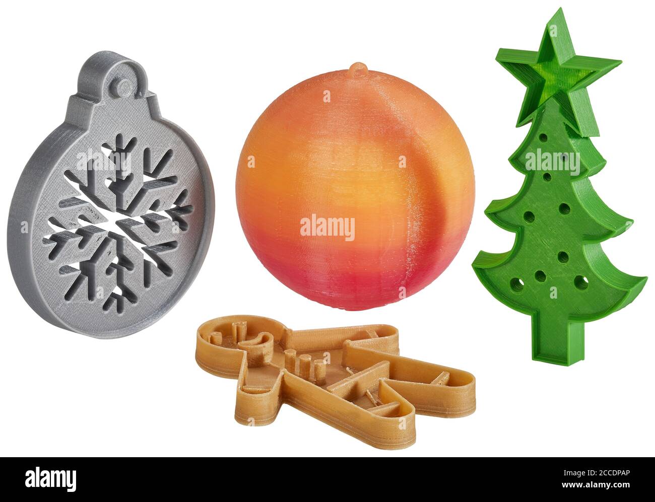 3d printed christmas samples cut out on white background Stock Photo