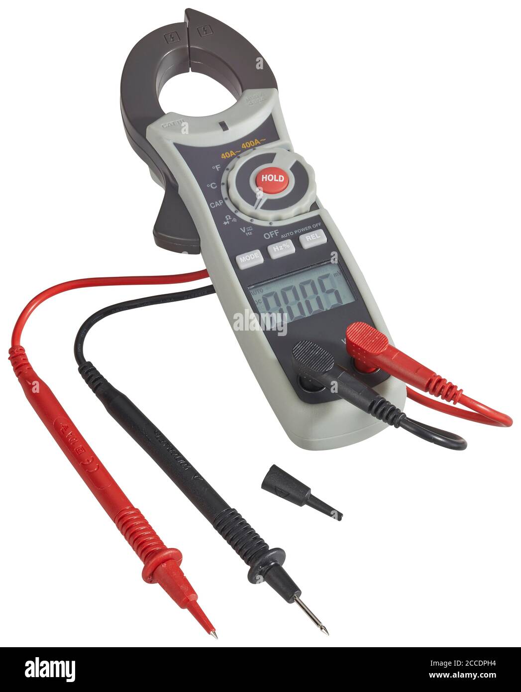 Digital clampmeter, with pair of leads, cut out on white background
