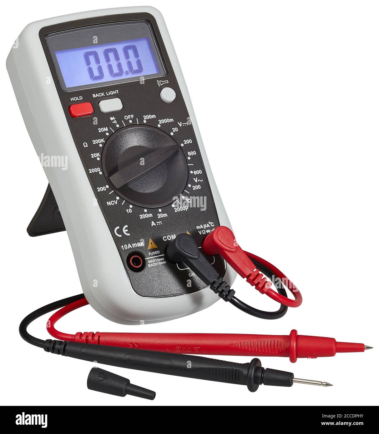 Digital Multimeter with leads, cut out on white background Stock Photo