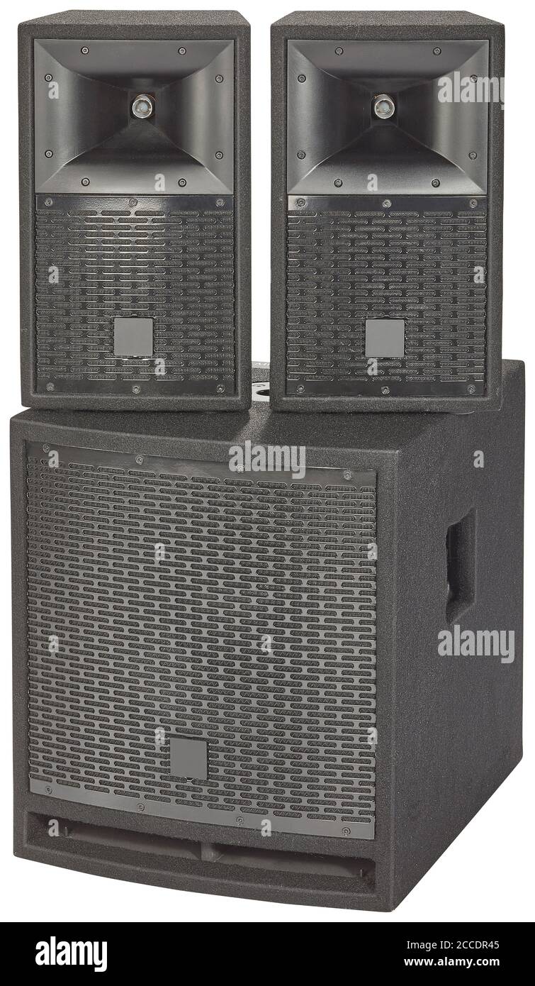 Black PA System with multiple loudspeakers, cut out on white background Stock Photo