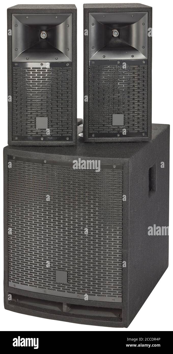 Black PA System with multiple loudspeakers, cut out on white background Stock Photo