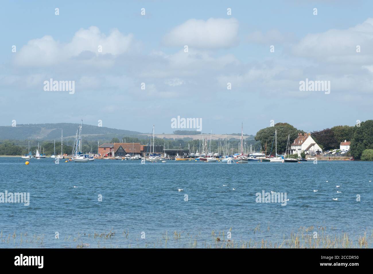 View of the hamlet of Dell Quay across the sea, Chichester Harbour, West Sussex, UK Stock Photo