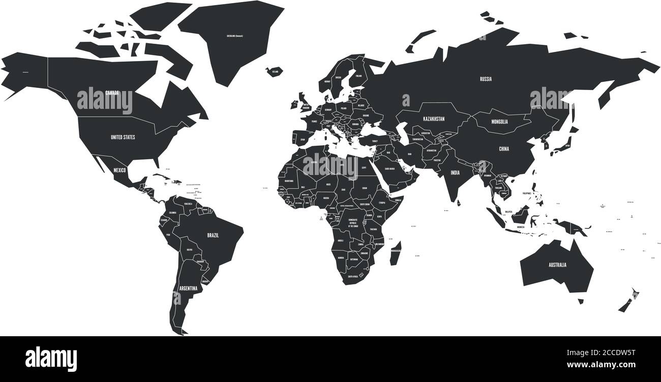 Vector Map of World in black color with white labels Stock Vector