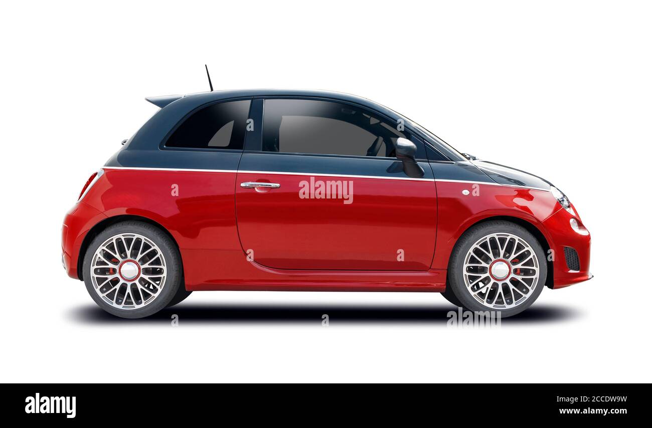 Red black small Italian hatchback car isolated on white Stock Photo