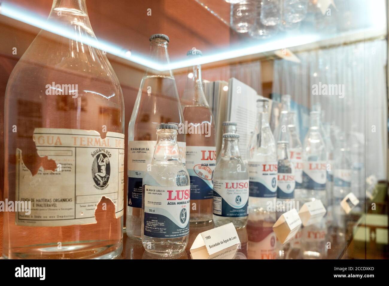 Luso, Portugal - December 14, 2019: Exhibition of bottles with thermal and mineral waters named Luso Stock Photo