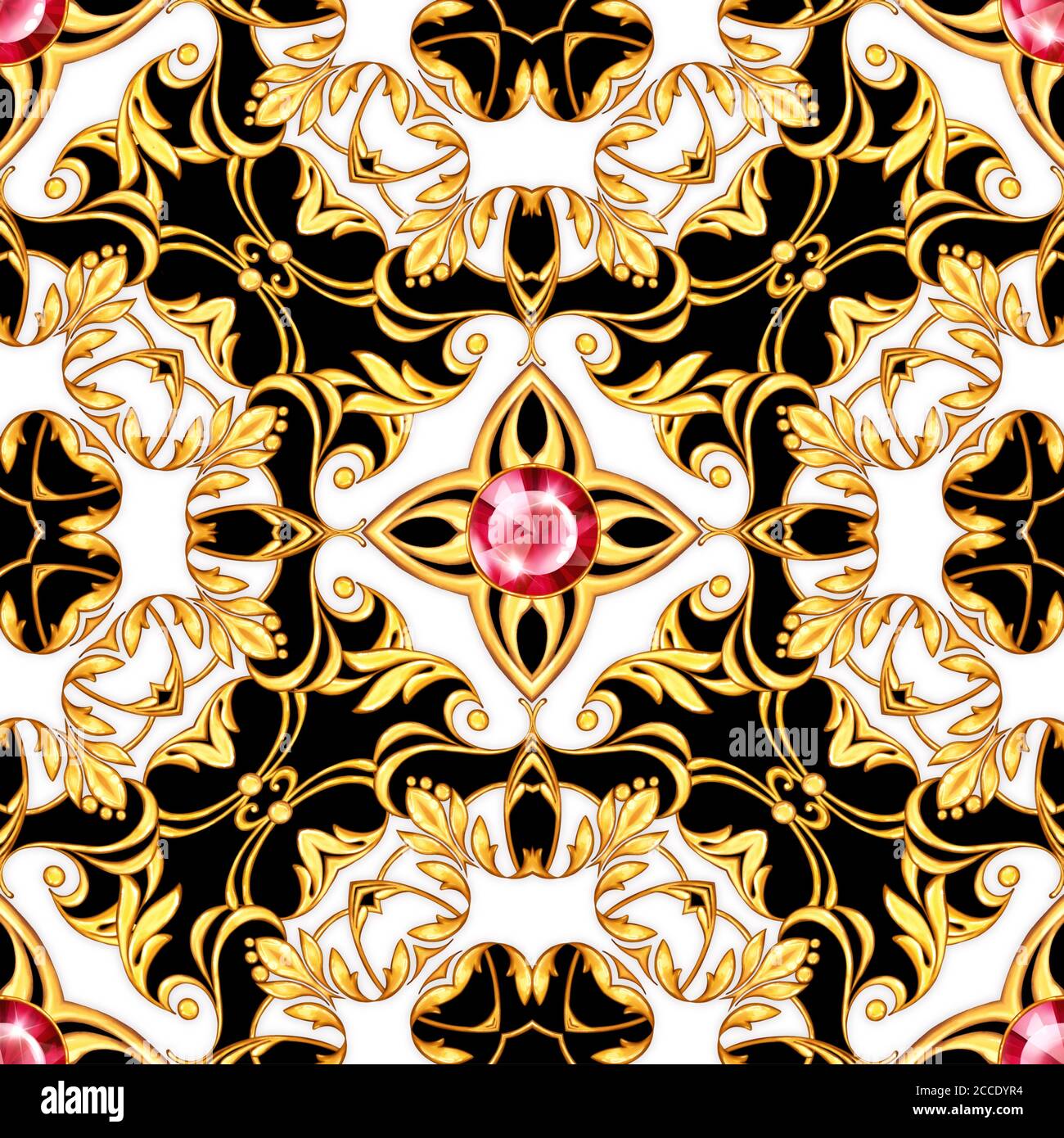 Seamless golden baroque pattern with gems Stock Photo